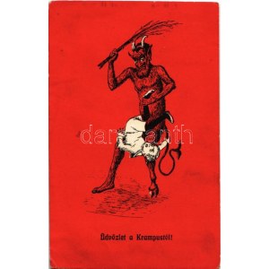 1927 Üdvözlet a Krampusztól! / Krampus with boy and birch. C. H. W. VIII/2. 2501-4. (EK)