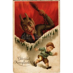 1928 Üdvözlet a Krampusztól! / Krampus with boy, birch and chains (EB)