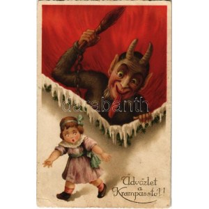 1926 Üdvözlet a Krampusztól! / Krampus with girl, birch and chains (ázott sarkak / wet corners)