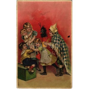 Krampusz / Children with Krampus toy. Emb. litho (apró lyuk / tiny pinhole)