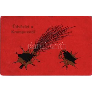 1917 Üdvözlet a Krampusstól! / Greetings from the Krampus with birch and chain. Emb. litho (kopott sarkak ...