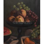 Mikola András (1884-1970): Asztali csendélet gyümölcsökkel. Olaj, vászon. Jelezve jobbra lent. Dekoratív fakeretben...