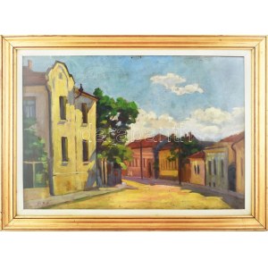 Ács Ferenc (1876-1949): Kolozsvári utca. Olaj, karton. Jelezve balra lent. 50x72 cm. Üvegezett fakeretben. ...