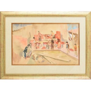 Szőnyi István (1894-1960): Kaláka, 1937. Akvarell, papír, jelezve jobbra lent, üvegezett fakeretben, 29×47 cm ...