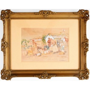 Deák Ébner Lajos (1850-1934): Piaci jelenet. Akvarell, papír. Jelzett. Dekoratív, üvegezett fakeretben. 15,5x21,5 cm. ...