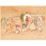 Deák Ébner Lajos (1850-1934): Piaci jelenet. Akvarell, papír. Jelzett. Dekoratív, üvegezett fakeretben. 15,5x21,5 cm. ...