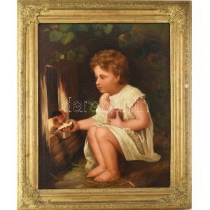 XIX. sz. festő: Gyermek tyúkokkal. Olaj, vászon. Jelzés nélkül. Dublírozott, restaurált. Hátoldalán BÁV 95...