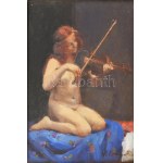 Dely Alice (Béli Vörös Ernőné) (1887 - ?) Akt hegedűvel. Olaj, Karton. Jelzett...