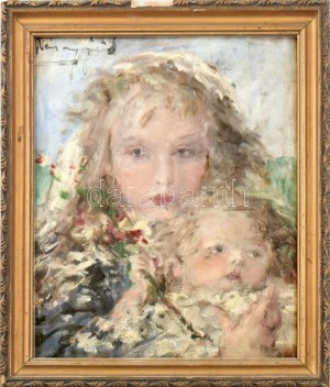Náray Aurél (1883-1948): Kislányok. Olaj, karton. Jelzett. Sérült fa keretben. 34x27 cm / oil on board, signed...