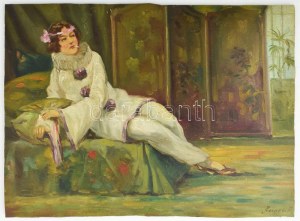 Geiger Richárd (1870-1945): Cigarettázó hölgy. Olaj, karton, jelezve jobbra lent. 23×31 cm. / oil on board...