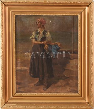 Viski János (1891-1987): Női portré. Olaj, vászon, jelzett. Apró felületi sérüléssel. Dekoratív, sérült fa keretben...