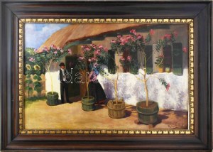 Pap Emil (1884-1955): Virágos udvar. Olaj, vászon, jelzett. Dekoratív fakeretben, 65x101 cm / oil on canvas, signed...