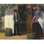 Pap Emil (1884-1955): Virágos udvar. Olaj, vászon, jelzett. Dekoratív fakeretben, 65x101 cm / oil on canvas, signed...