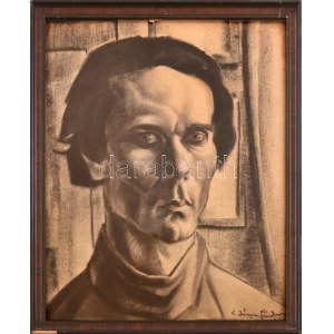 Józsa Sándor (1910-1989): Önarckép, 1930. Szén, papír, jelezve jobbra lent, üvegezett fakeretben, 24×31 cm ...