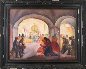 Gáborjáni Szabó Kálmán (1897-1955): Templomban. Olaj, vászon, jelzés nélkül. Dekoratív, kissé sérült fakeretben...