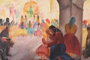 Gáborjáni Szabó Kálmán (1897-1955): Templomban. Olaj, vászon, jelzés nélkül. Dekoratív, kissé sérült fakeretben...