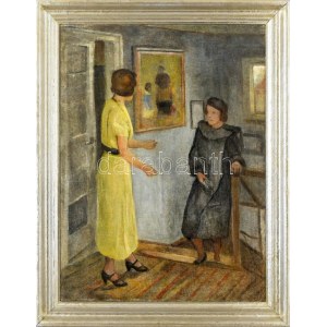 Pogány Lajos (1873-1947): Art deco hölgyek, 1928. Olaj, vászon, jelzett a hátoldalán. Dekoratív fakeretben. 80x60 cm. ...