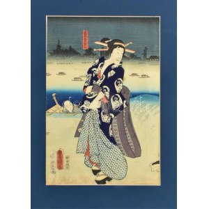 Utagawa Toyokuni (1769-1825): Hölgy kék kimonoban. Színes japán fametszet, papír, jelzett a metszeten...