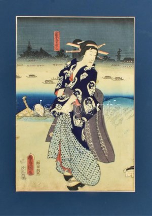 Utagawa Toyokuni (1769-1825): Hölgy kék kimonoban. Színes japán fametszet, papír, jelzett a metszeten...