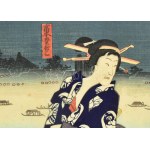 Utagawa Toyokuni (1769-1825): Hölgy kék kimonoban. Színes japán fametszet, papír, jelzett a metszeten...