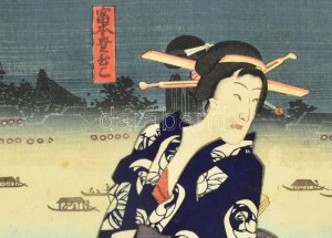 Utagawa Toyokuni (1769-1825): Hölgy kék kimonoban. Színes japán fametszet, papír, jelzett a metszeten...