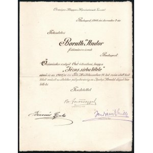 1909 Boruth Andor (1873 - 1955): Jézus sírbatétele c. festményének oklevele, hogy az 1909/10...