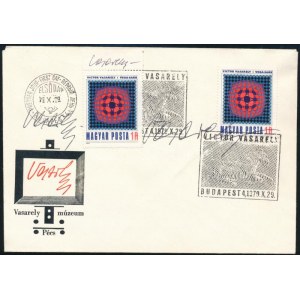 1979 Victor Vasarely: Vega-sakk bélyeg első napi borítékon rajta a művész 4 db autográf aláírásával ...