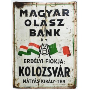 1940 A Magyar-Olasz Bank Rt. erdélyi fiókja, Kolozsvár, dekoratív fém tábla, kopásokkal...