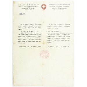 1944 Bp., a Svájci Követség által kiállított menlevél (Schutzpass) Reich Márton és családja részére, 1944. okt. 23...