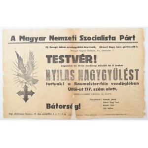 cca 1938 A Magyar Nemzeti Szocialista Párt által kiadott hirdetmény nyilaskeresztes nagygyűlésről, hajtott, restaurált...