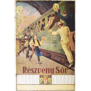 1939 Részvény Sör, nagyméretű falinaptár, Hollós Endre (1907-1946) grafikája, restaurált...