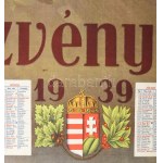 1939 Részvény Sör, nagyméretű falinaptár, Hollós Endre (1907-1946) grafikája, restaurált...