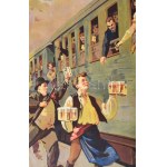 1939 Részvény Sör, nagyméretű falinaptár, Hollós Endre (1907-1946) grafikája, restaurált...