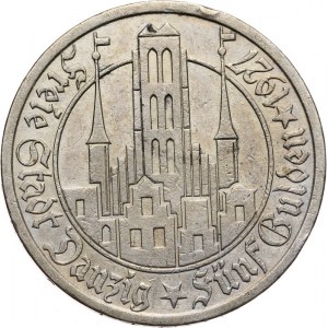 Wolne Miasto Gdańsk, 5 guldenów 1927, Berlin; Kościół Marii Panny