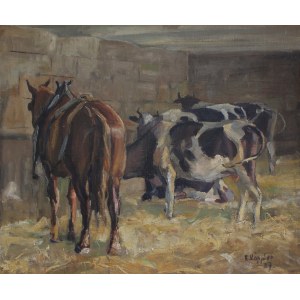 E. Köppler, Horse and cows in the barn