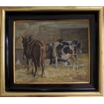 E. Köppler, Pferd und Kühe im Stall