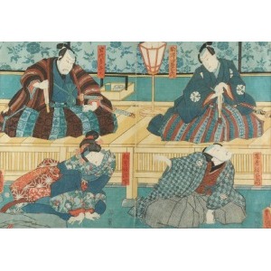 Kunisada I UTAGAWA (1786-1865), Trzech mężczyzn i kobieta