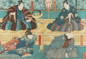 Kunisada I UTAGAWA (1786-1865), Trzech mężczyzn i kobieta