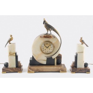 Zegar art deco, z figurką bażanta i parą podświetlanych postumentów