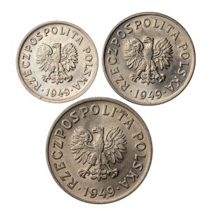 10,20 i 50 groszy 1949, miedzionikiel, zestaw 3 monet, PRL