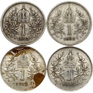 Austria 1 Corona 1893 & 1915 Lot of 4 Coins