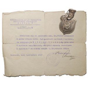 II RP Odznaka 2 Pułku Ułanów Legionowych wraz z dokumentem W. Winkler