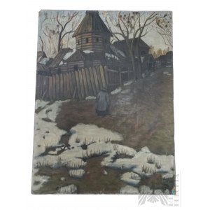 Painting Winter Landscape with Wooden Castle, Oil on Board