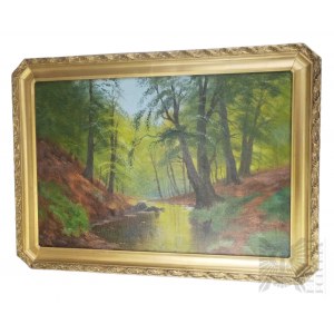 Painting in Gilded Frame Forest Landscape with Stream, Oil on Canvas *.