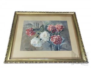 Painting in Glazed Frame Composition of Carnations, Watercolor on Paper, Signature A. Lüke