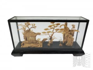 ChRL, XX w. - Drewniana Miniaturowa Diorama w Plastikowej Gablotce