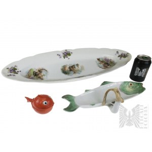 Rybářská sada snů - porcelánový talíř na ryby, porcelánová miska na kaviár (Německo), velký porcelánový talíř