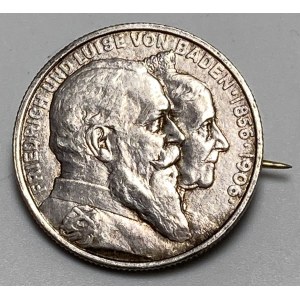 Německo, stříbrná brož z pamětní mince 2 marky 1906 Baden, před rokem 1939