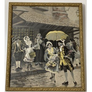 Francja, żakard jedwabny w ramie - scena uliczna, Bracia Neyret, XIX wiek