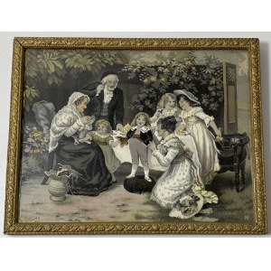 France, framed silk jacquard - family scene in the garden, Neyret Brothers, F. Morgan, 19th century